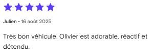 Avis client positif sur la bienveillance du loueur.
Avis client location de voiture entre particuliers sur Turo et Getaround