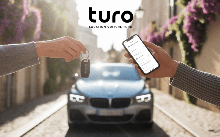 Application d’autopartage sur smartphone devant une voiture – guide débuter sur Turo